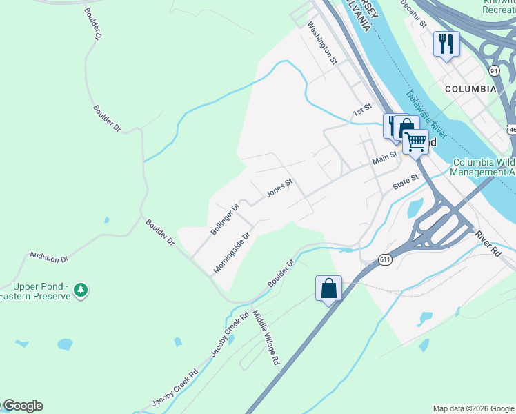 map of restaurants, bars, coffee shops, grocery stores, and more near 171 Bollinger Drive in Mount Bethel