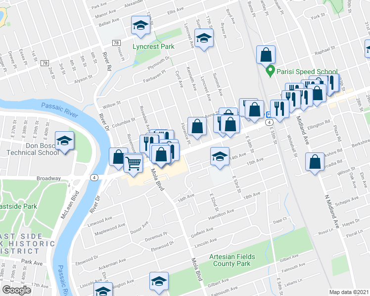 map of restaurants, bars, coffee shops, grocery stores, and more near 129 Broadway in Elmwood Park