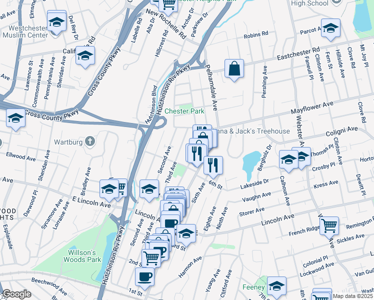 map of restaurants, bars, coffee shops, grocery stores, and more near 529 Fourth Avenue in Village of Pelham