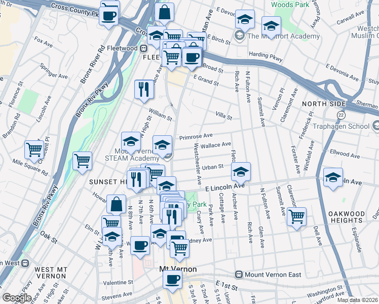 map of restaurants, bars, coffee shops, grocery stores, and more near 35 Overlook Street in Mount Vernon