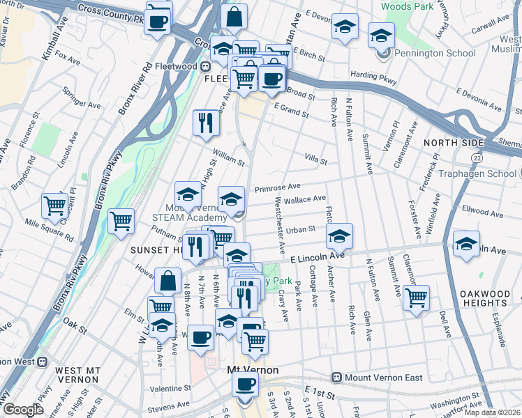 map of restaurants, bars, coffee shops, grocery stores, and more near 35 Overlook Street in Mount Vernon