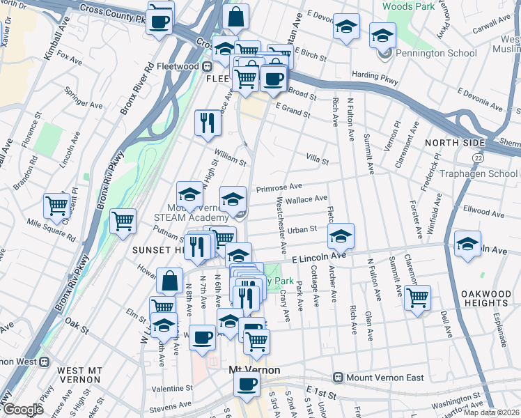 map of restaurants, bars, coffee shops, grocery stores, and more near 35 Overlook Street in Mount Vernon