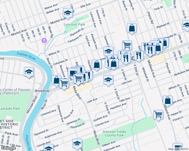 map of restaurants, bars, coffee shops, grocery stores, and more near 129 Broadway in Elmwood Park