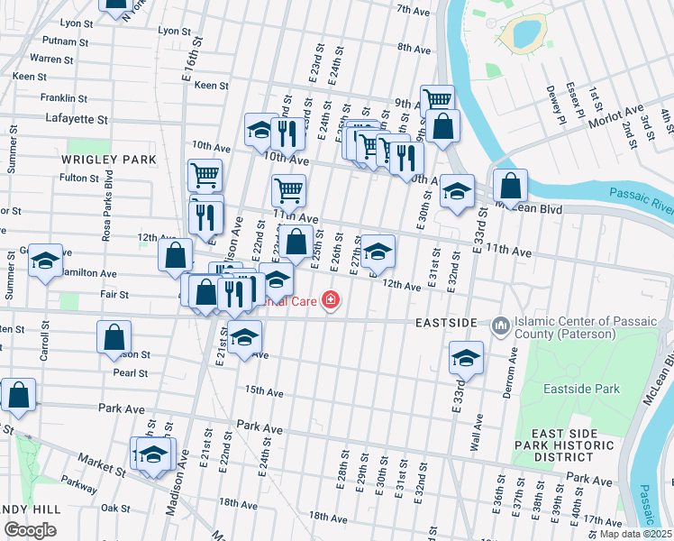 map of restaurants, bars, coffee shops, grocery stores, and more near 380 12th Avenue in Paterson