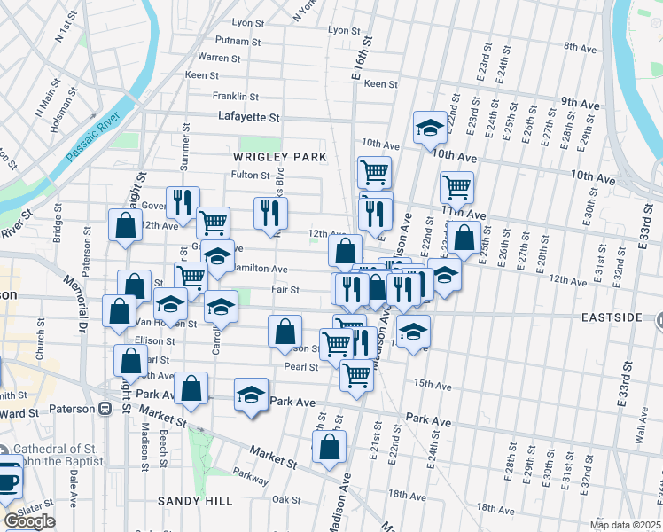 map of restaurants, bars, coffee shops, grocery stores, and more near 341 Hamilton Avenue in Paterson