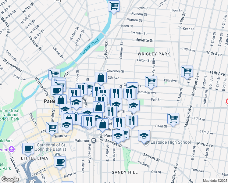 map of restaurants, bars, coffee shops, grocery stores, and more near 63 Auburn Street in Paterson