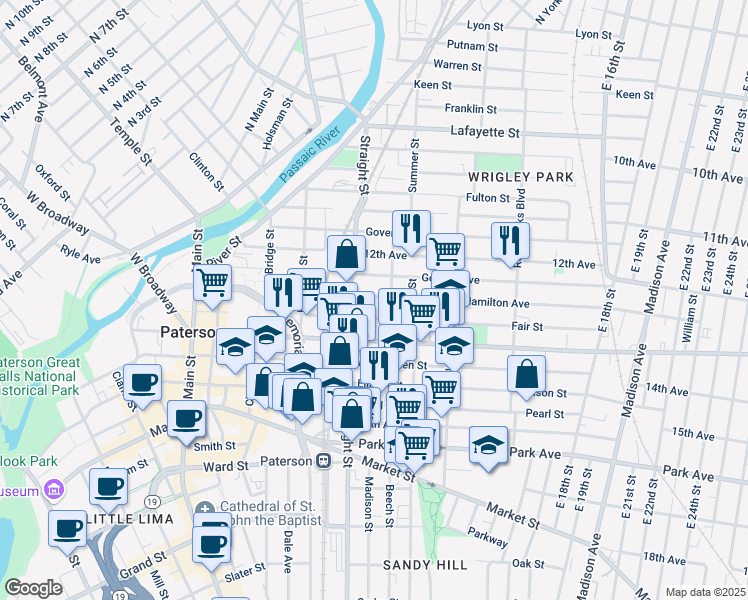 map of restaurants, bars, coffee shops, grocery stores, and more near 63 Auburn Street in Paterson