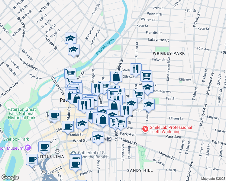 map of restaurants, bars, coffee shops, grocery stores, and more near 103 Fair Street in Paterson