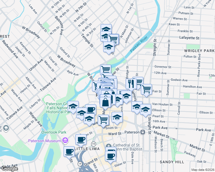 map of restaurants, bars, coffee shops, grocery stores, and more near 50 Washington Street in Paterson