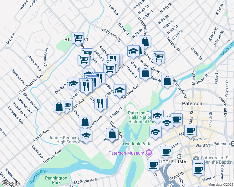 map of restaurants, bars, coffee shops, grocery stores, and more near 27 Albion Avenue in Paterson
