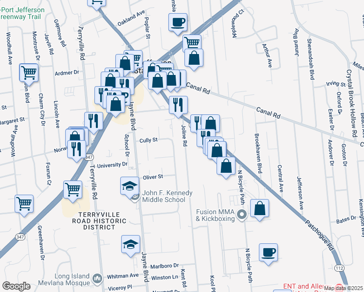 map of restaurants, bars, coffee shops, grocery stores, and more near 34 Joline Road in Port Jefferson Station