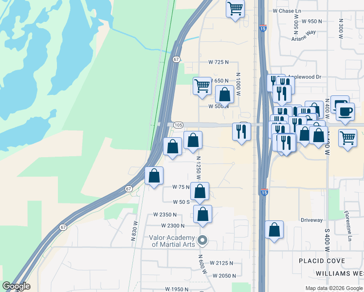 map of restaurants, bars, coffee shops, grocery stores, and more near 305 North 1300 West in Centerville