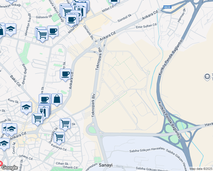 map of restaurants, bars, coffee shops, grocery stores, and more near 1 Teknopark Bulvarı in Pendik