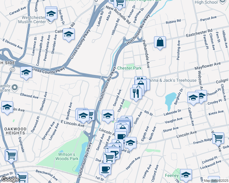 map of restaurants, bars, coffee shops, grocery stores, and more near 508 First Avenue in Village of Pelham