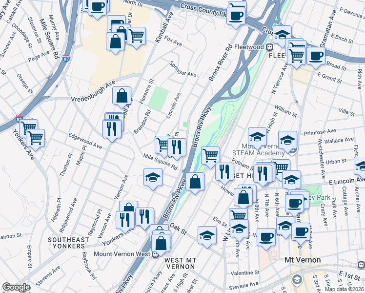 map of restaurants, bars, coffee shops, grocery stores, and more near 142 Crescent Place in Yonkers