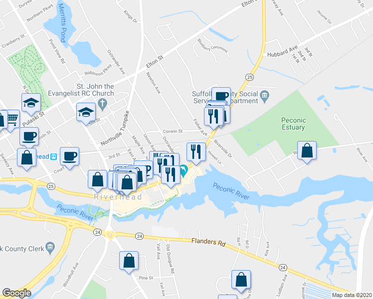map of restaurants, bars, coffee shops, grocery stores, and more near 550 East Main Street in Riverhead