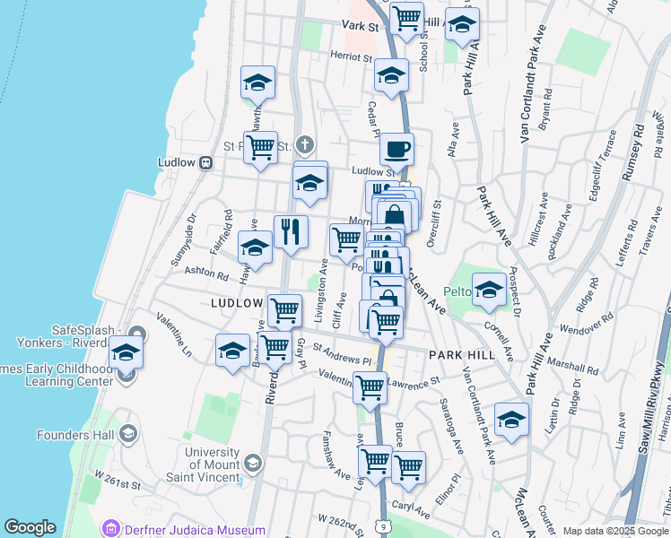 map of restaurants, bars, coffee shops, grocery stores, and more near 50 Post Street in Yonkers