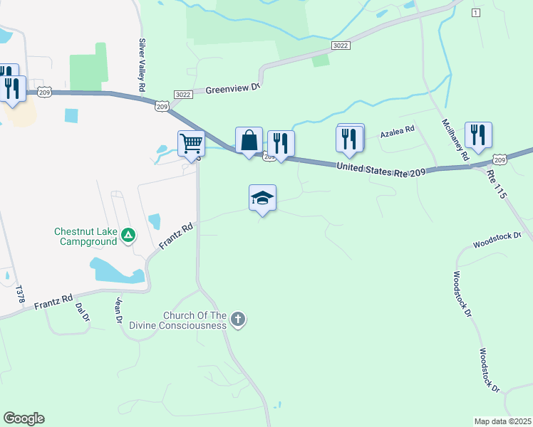map of restaurants, bars, coffee shops, grocery stores, and more near 226 Amelia Drive in Brodheadsville