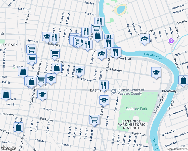 map of restaurants, bars, coffee shops, grocery stores, and more near 162 East 31st Street in Paterson