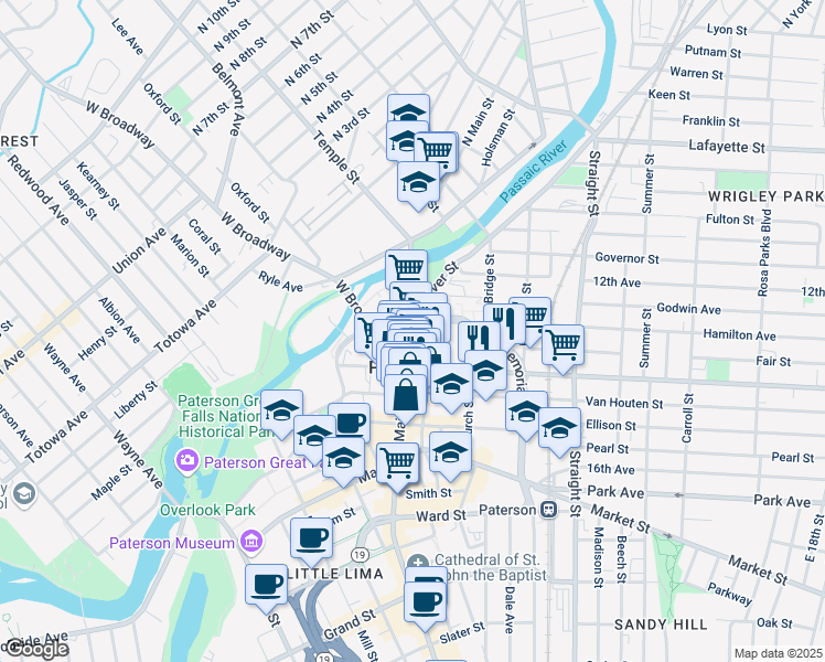 map of restaurants, bars, coffee shops, grocery stores, and more near 50 Washington Street in Paterson