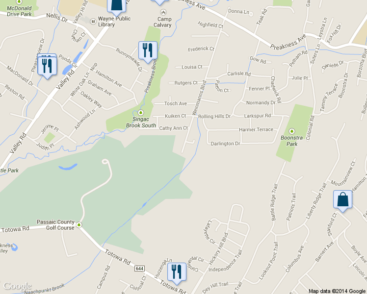 map of restaurants, bars, coffee shops, grocery stores, and more near 161 Weinmanns Blvd in Wayne