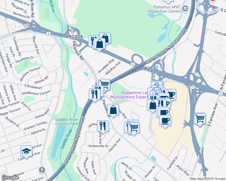 map of restaurants, bars, coffee shops, grocery stores, and more near 8 Pond Place in Paramus