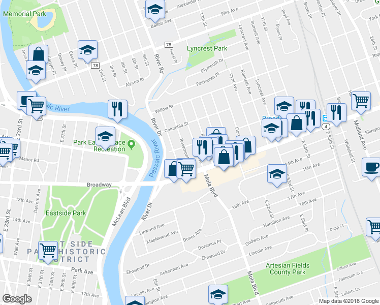 map of restaurants, bars, coffee shops, grocery stores, and more near 85 Rosemont Avenue in Elmwood Park