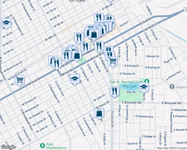 map of restaurants, bars, coffee shops, grocery stores, and more near 300 South Elm Street in Grand Island