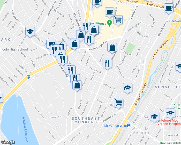 map of restaurants, bars, coffee shops, grocery stores, and more near 207 Winfred Avenue in Yonkers