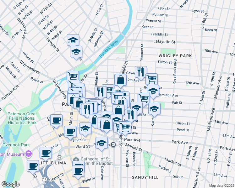 map of restaurants, bars, coffee shops, grocery stores, and more near 103 Fair Street in Paterson