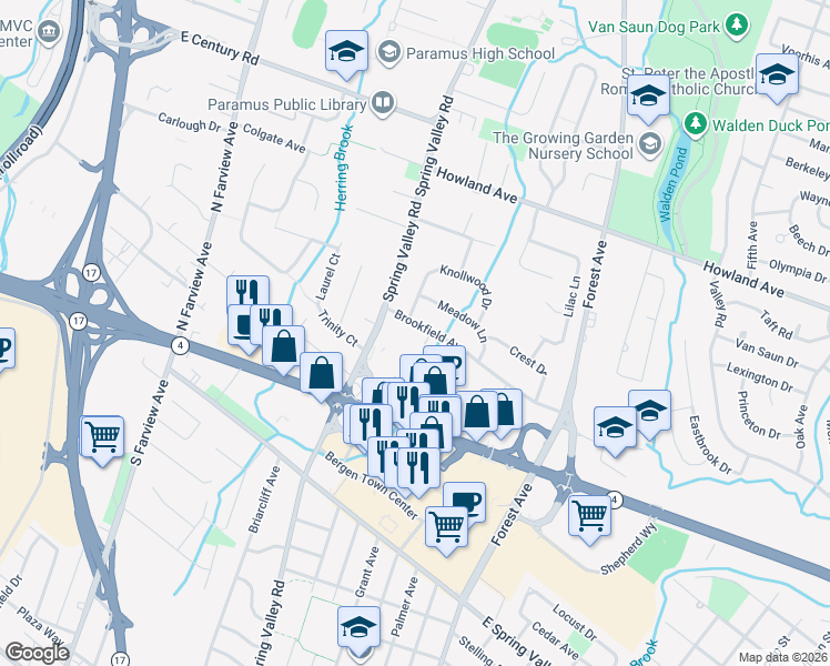 map of restaurants, bars, coffee shops, grocery stores, and more near 152 Brookfield Ave in Paramus