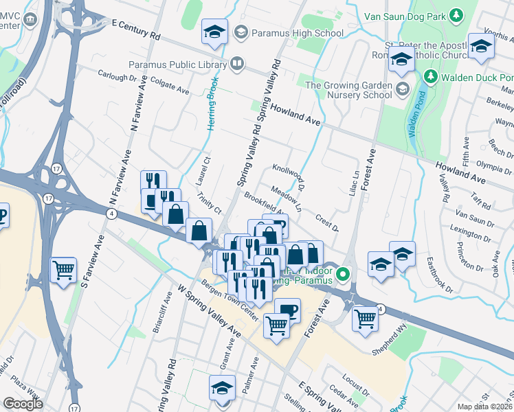 map of restaurants, bars, coffee shops, grocery stores, and more near 152 Brookfield Avenue in Paramus