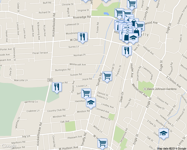 map of restaurants, bars, coffee shops, grocery stores, and more near 32 Sussex Road in Tenafly