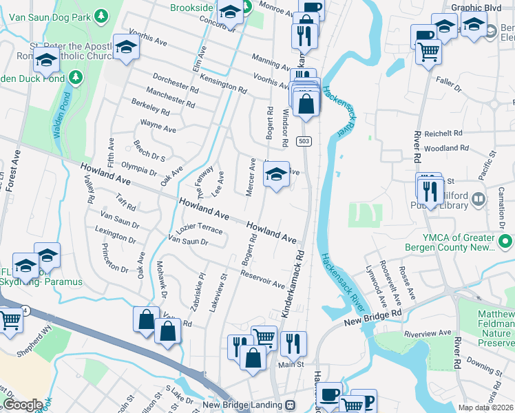 map of restaurants, bars, coffee shops, grocery stores, and more near 391 Bogert Road in River Edge