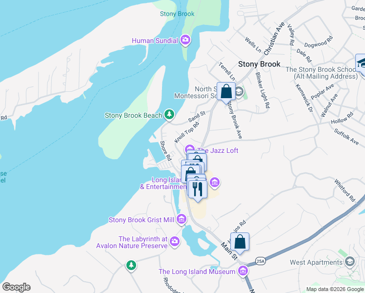 map of restaurants, bars, coffee shops, grocery stores, and more near 4 Cedar Hill Road in Stony Brook