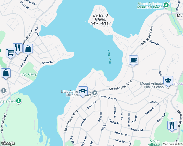 map of restaurants, bars, coffee shops, grocery stores, and more near 21 Sunset Lane in Roxbury Township