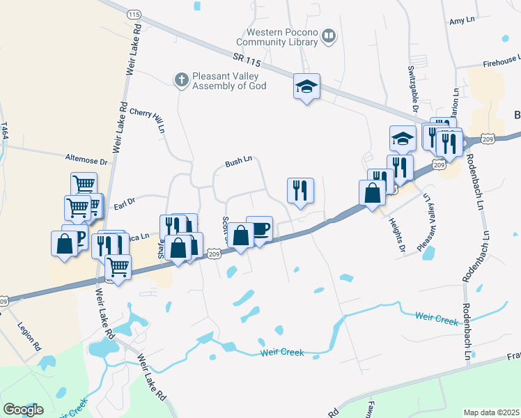 map of restaurants, bars, coffee shops, grocery stores, and more near 311 Shiffer Lane in Brodheadsville