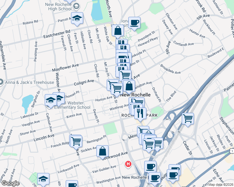map of restaurants, bars, coffee shops, grocery stores, and more near in New Rochelle