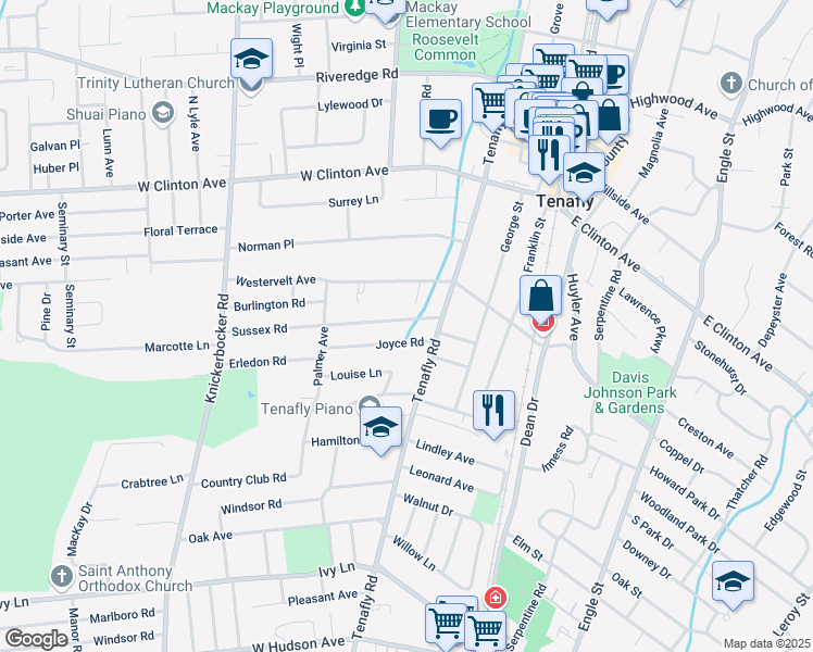 map of restaurants, bars, coffee shops, grocery stores, and more near 32 Sussex Road in Tenafly
