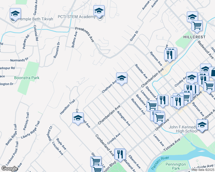 map of restaurants, bars, coffee shops, grocery stores, and more near 127 Chatham Avenue in Paterson