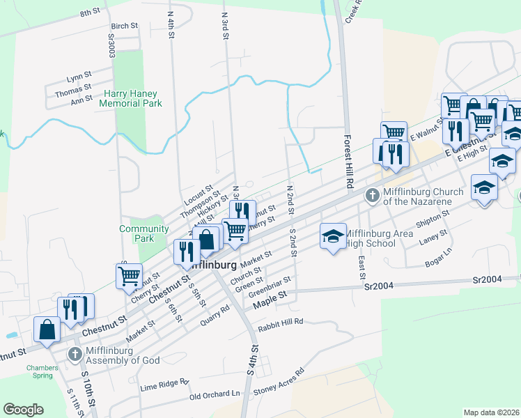 map of restaurants, bars, coffee shops, grocery stores, and more near 252 Walnut Street in Mifflinburg