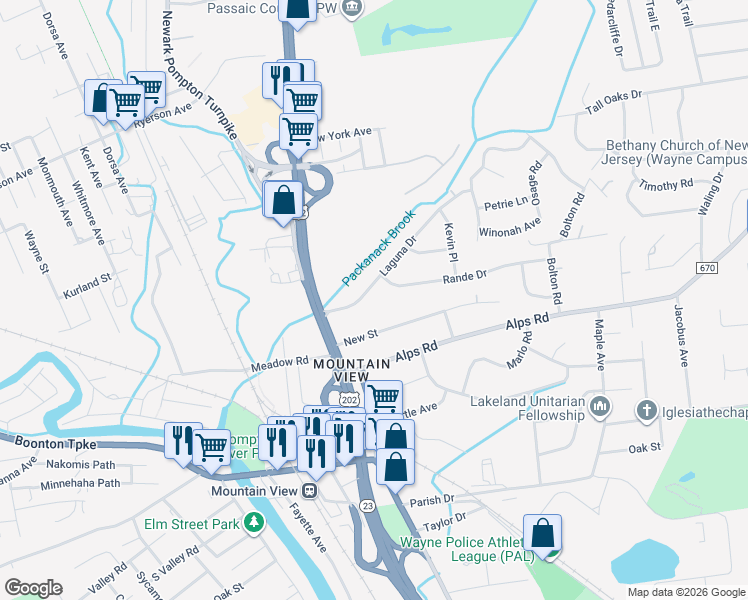 map of restaurants, bars, coffee shops, grocery stores, and more near 24 Laguna Drive in Wayne