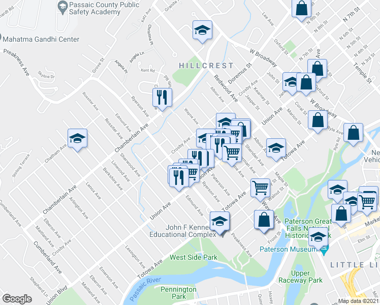 map of restaurants, bars, coffee shops, grocery stores, and more near 221 Paterson Avenue in Paterson