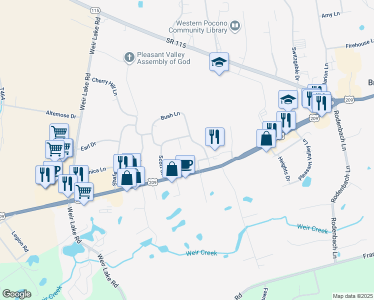 map of restaurants, bars, coffee shops, grocery stores, and more near 311 Shiffer Lane in Brodheadsville