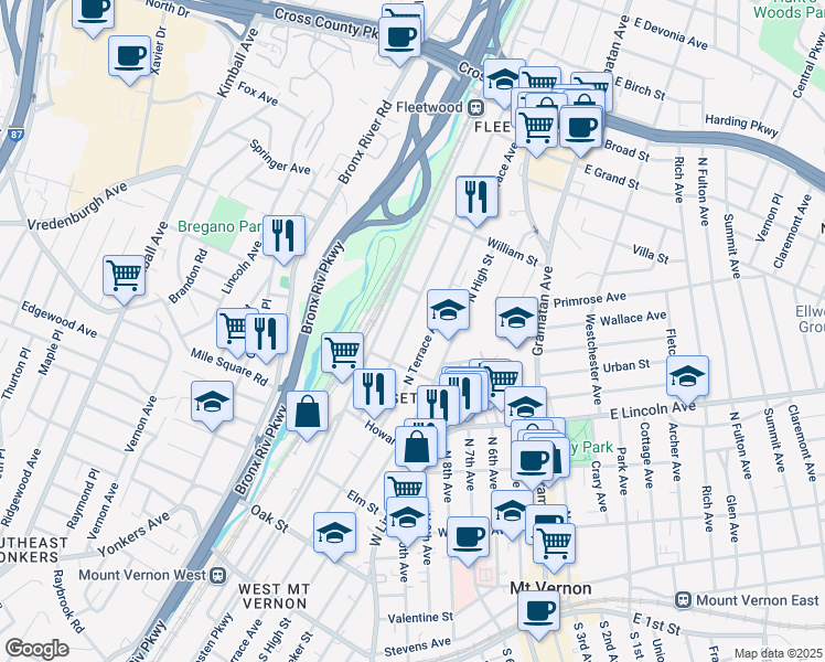 map of restaurants, bars, coffee shops, grocery stores, and more near 430 North Terrace Avenue in Mount Vernon