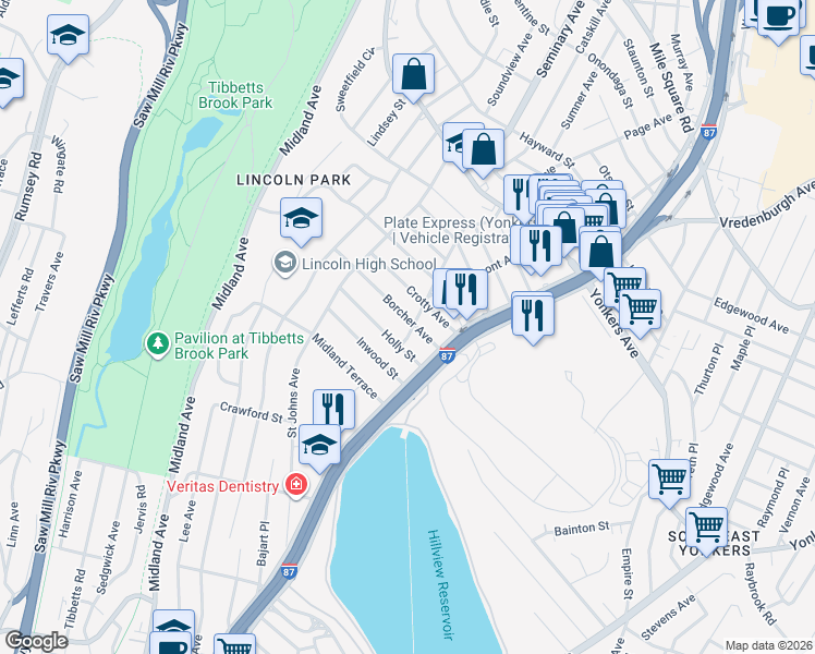 map of restaurants, bars, coffee shops, grocery stores, and more near 57 Holly Street in Yonkers