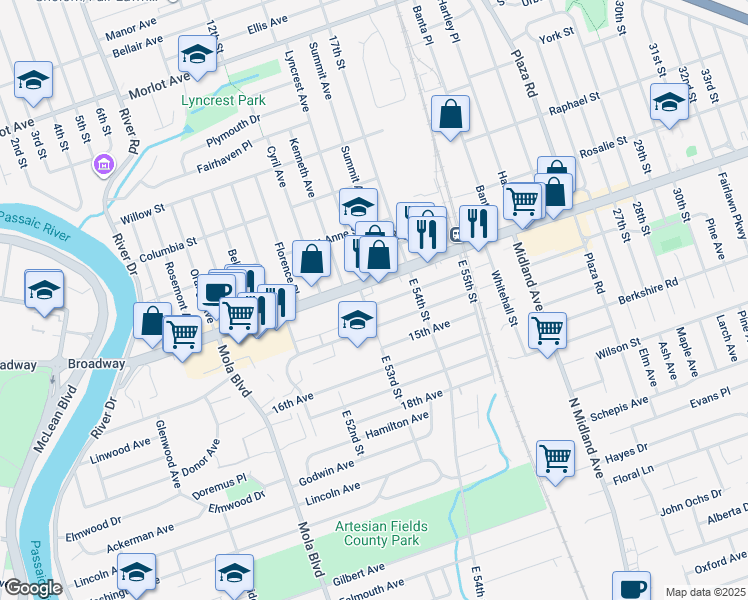 map of restaurants, bars, coffee shops, grocery stores, and more near 7 13th Avenue in Elmwood Park