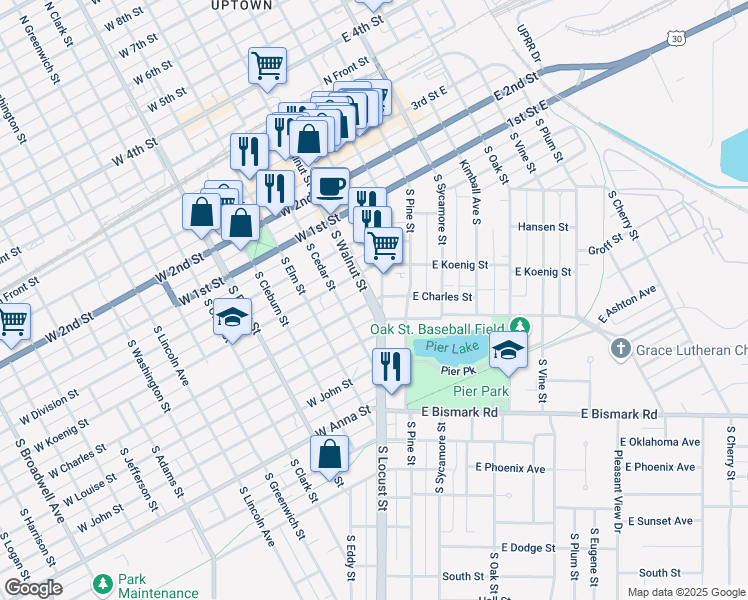 map of restaurants, bars, coffee shops, grocery stores, and more near 401 South Walnut Street in Grand Island