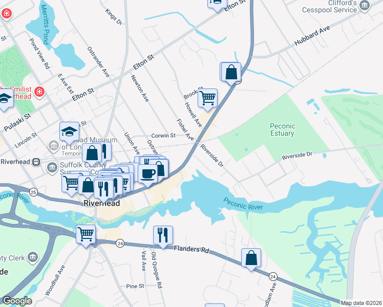 map of restaurants, bars, coffee shops, grocery stores, and more near 625 East Main Street in Riverhead