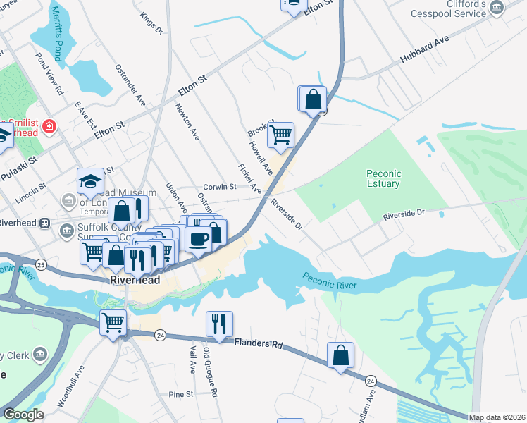 map of restaurants, bars, coffee shops, grocery stores, and more near 625 East Main Street in Riverhead